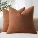 ZWJD Decorative Linen Throw Pillow Covers 16x16 Set of 2 Solid Handcrafted Striped Cushion Covers for Bed Soft Modern Farmhouse Neutral Pillowcase for Couch Bedroom Living Room Home Decor(Rust)