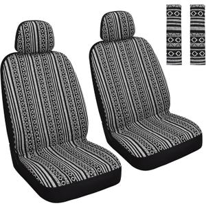 Baja Saddle Blanket Car Seat Covers Front Set with Seat Belt Pads, Washable Breathable Seat Covers for Cars, Universal Fit Interior Covers for Most Cars, Airbag Compatible, Black/White
