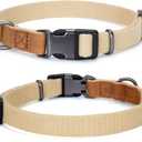 Mile High Life Dog Collars | Soft Cotton Dog Collars w Heavy Metal Buckle | Classic Puppy Collar w Premium Genuine Leather Tips | Pet Collars for Large Dogs (Khaki)