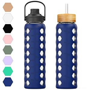 MUKOKO 32oz Glass Water Bottles with 2 Lids-Handle Spout Lid&Bamboo Straw Lid, Motivational Water Tumbler with Time Marker Reminder and Silicone Sleeve, Leakproof-Blue