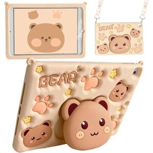for iPad Pro 11&Air 11 Inch (M2,2024/M3,2025) and 10.9" iPad Air 5th&4th Case for Cute Cookie Bear Silicone Cover with 3D Bear Stand Shoulder Strap Cases for iPad Pro 111st/2nd/3rd/4th