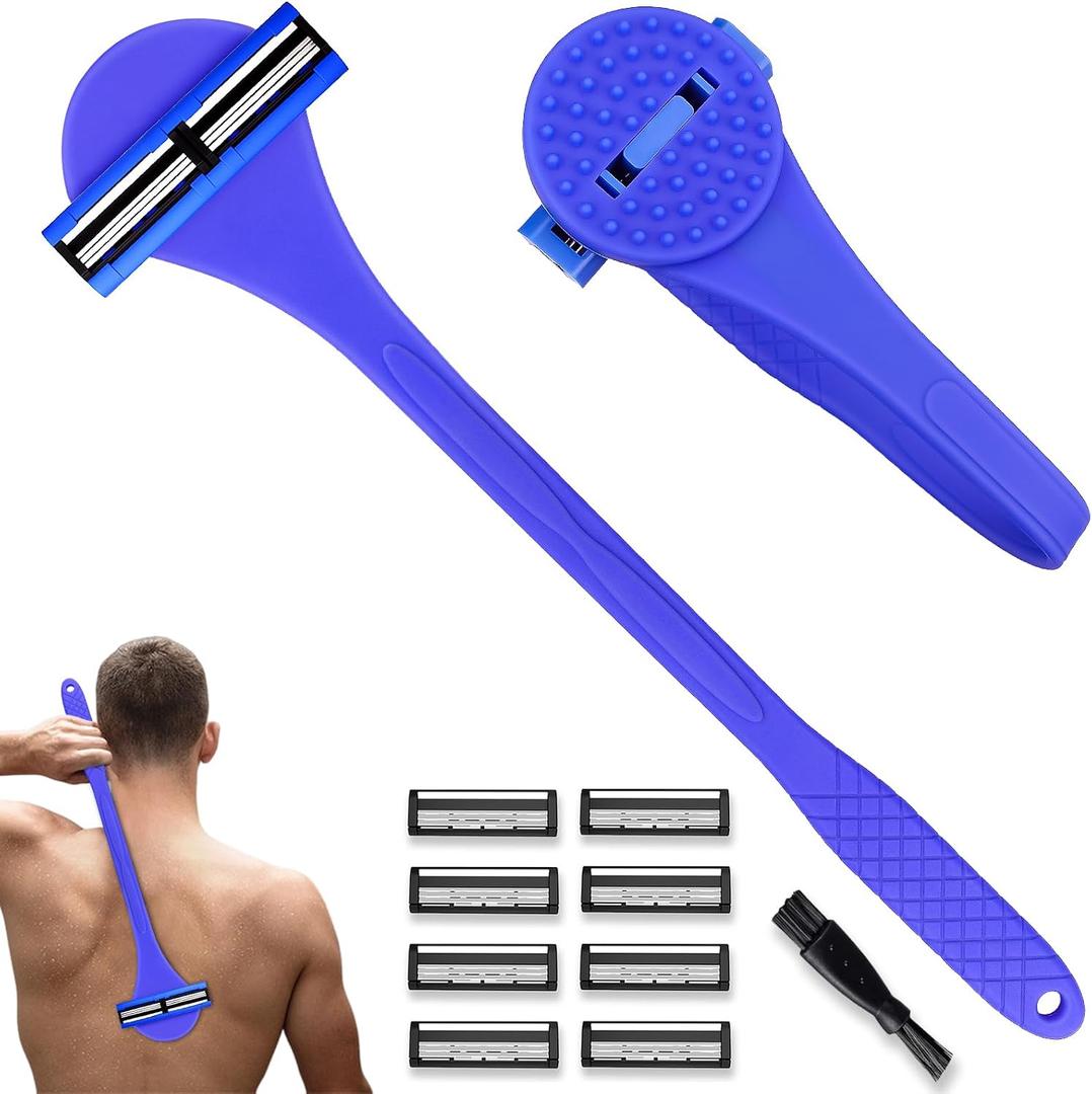 2 in 1 Back Shaver & Massage Cleaning Brush with Bendable Handle, Manual Stainless Steel Razor for Back & Body Hair Removal, Portable Wet Dry Body Groomer with 8 Pcs Replaceable Blades-Blue