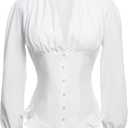 Victorian Blouse for Women Vintage Ruffle Long Sleeves Shirt Tops (XX-Large, White)