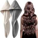 YFONG 2 Pack Large Microfiber Hair Towel Wrap, Super Absorbent Quick Dry Hair Turban for Drying Long Thick Curly Hair, Anti Frizz, Drying Towel with Button (Large: 30"X10", Gray+camel)