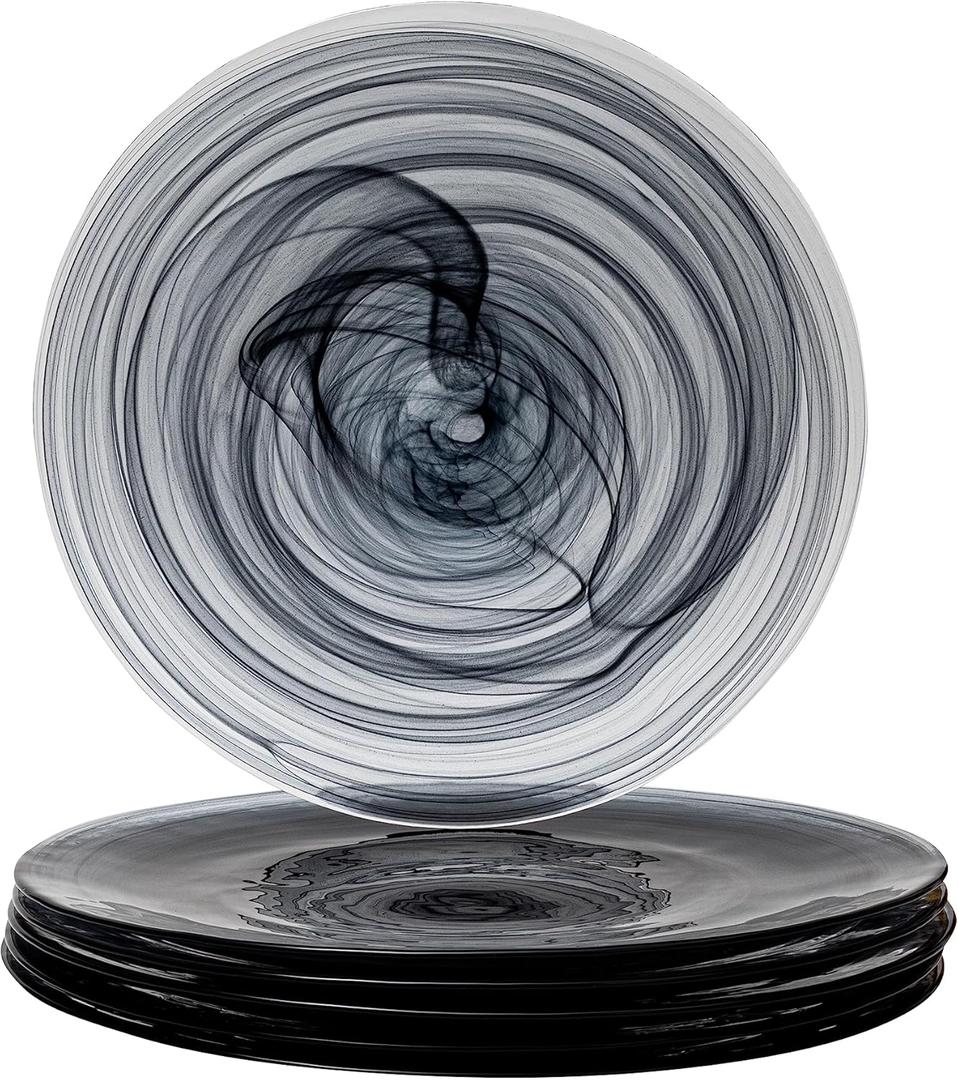 Vikko Dinner Plates, Set of 6 Black Alabaster Plates, 11" Plate with Marbelized, Swirl Design, Elegant Glass Plate, Dishwasher Safe