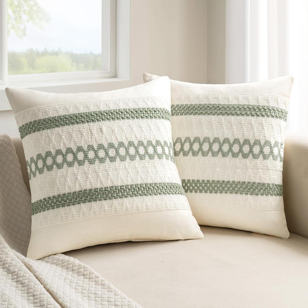 MIULEE Set of 2 Sage Green Boho Decorative Pillow Covers 18x18 Inch Farmhouse Rustic Couch Throw Pillows Modern Spring Cotton Cushion Covers Retro Cute Macrame Woven Home Decor for Bed Sofa Chair (18" x 18" (Pack of 2))