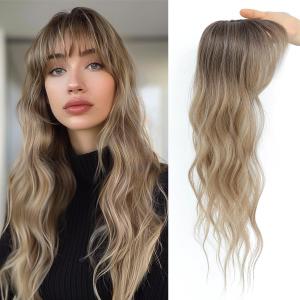 PANEWAY Clip in Bangs with Hair Topper 360 Cover Wavy Bangs Hair Clip on bangs for women Synthetic Hair Pieces Fluffy Fake Bangs for Daily Wear (Ombre Light Brown to Blonde)