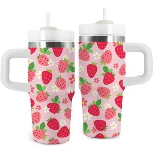 Strawberry Gifts for Girls - 14oz Pink Kids Strawberry Tumbler with Handle and Straw, Stainless Steel Insulated Water Cup, for School, Travel - Strawberries Themed Children Birthday Gift Cup(1pc)