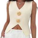 Verdusa Women's Old Money Tops Sweater Vest V Neck Metal Knit Trendy Going Out Tops Apricot X-Small