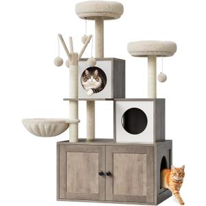 Litter Box Enclosure with Cat Tree Tower and Condo Brush Post and Passage Hidden Cat Washroom Furniture with Sisal Scratching Post & Soft Plush Perch Wooden Cat Furniture with Multiple Platforms