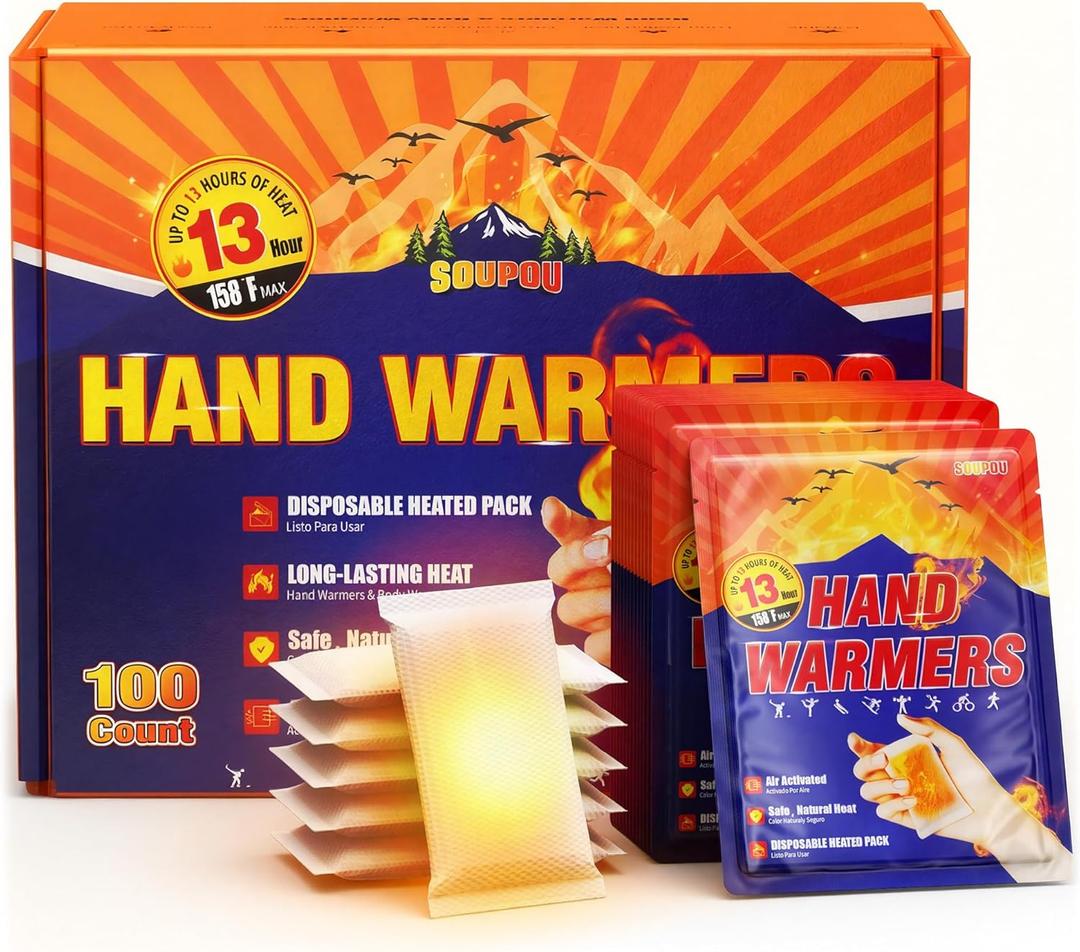 Soupou Hand Warmers Disposable 100pcs, Up to 13 Hours of Heat Body Warmers, Air Activated Bulk Hand Warmers for Women Men, Gifts for Christmas, Golf Hunting Camping Essentials, Winter Accessories