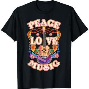 Retro Hippie Guitar Peace Love Music T-Shirt XL