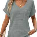 Dokotoo Womens Waffle Knit Tops 2026 Spring Summer V Neck Shirts Casual Trendy Women's Blouses Basic Tee (M)