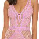 BECCA Color Play One Piece Swimsuit, Plunge Neck, Crochet, Bathing Suits for Women (Small, Orchid)