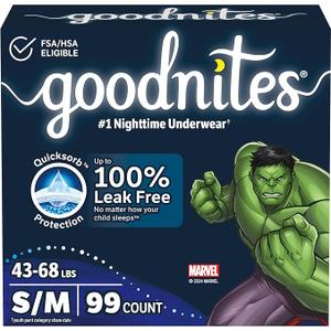 Goodnites Boys' Bedwetting Underwear, Size S/M (43-68 lbs), 99 Ct (3 Packs of 33), Packaging May Vary