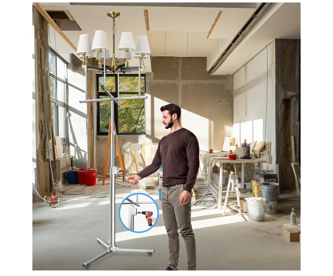 Lamp Lift, Height Adjustable Fix the Lights Andon Lifting Brackets, 360° Rotatable Lamp Hoist Jack Lifter with 3 Wheels, Removable Support Construction Tools for Ceiling Home Improvement