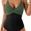 B2prity Women's One Piece Swimsuits Tummy Control Front Cross Bathing Suits Tie Back Slimming V Neck Swimwear (Large, Green and Black)