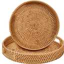 Round Rattan Serving Tray with Handles,2 Hand Woven Basket, Home Decor Organizer Tray for Breakfast, Tea, Snack, Fruit, Coffee, Storage (Large + Medium)(14.17inchX2.3inch+11.9inchX1.7inch