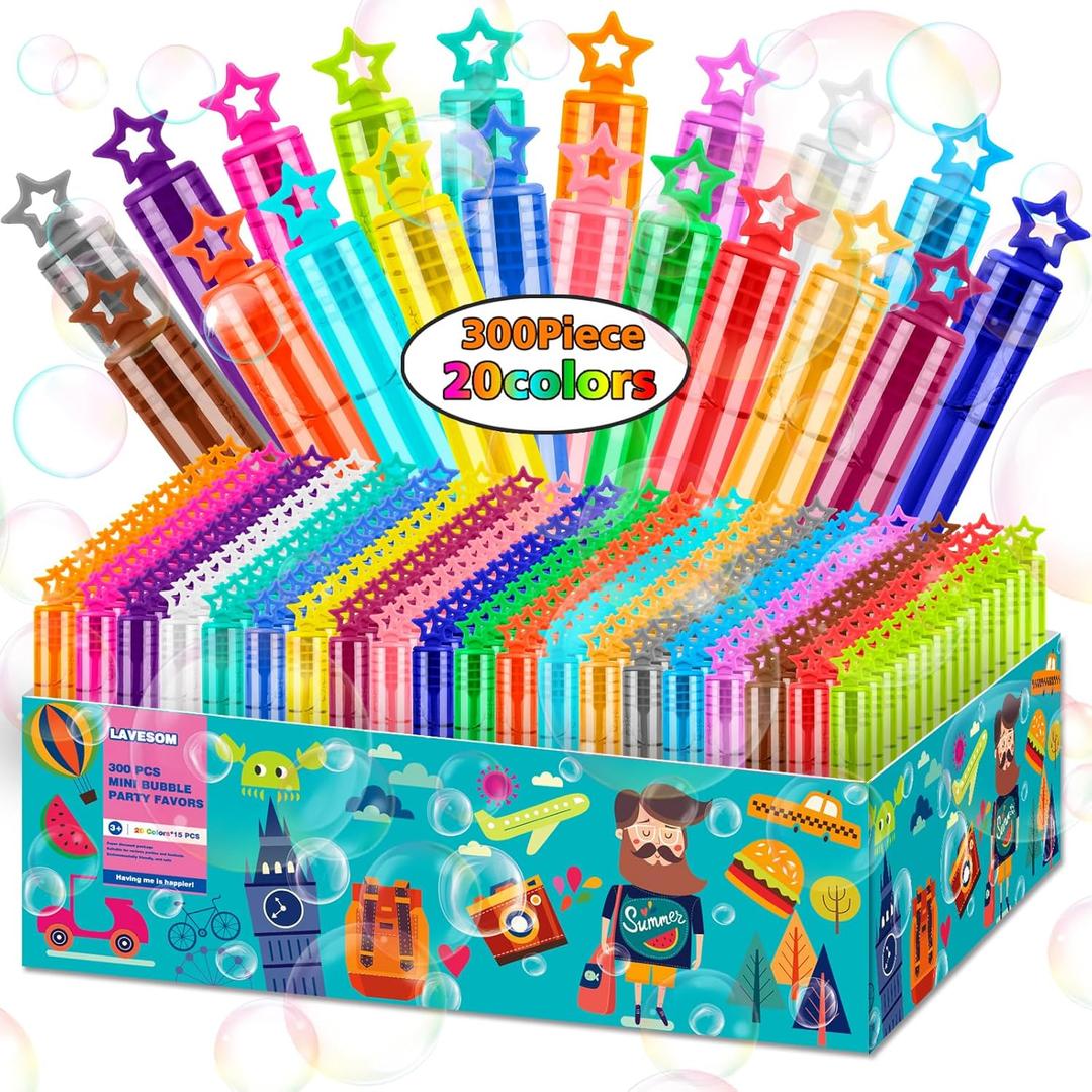 300Pcs 20Colors Star Mini Bubble Wands,Bulk Bubble for Bath Time,Summer Outdoor for Girls Boys,Christmas Celebration,Easter Stuffer, Thanksgiving,Classroom Gifts,Party Favors Toys for Kids Child