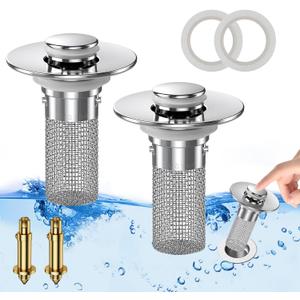 Bathroom Sink Drain Strainer, Pop-up Sink Drain Strainer with Removable Stainless Steel Strainer Basket Hair Catcher, Bathroom Sink Strainer for Bathroom Sink Stopper Replacement.(2PCS)