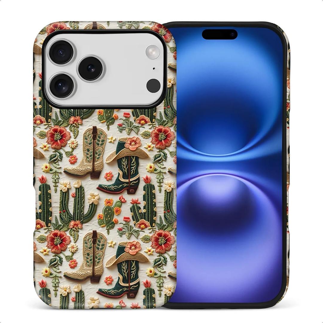Case for iPhone 17 Pro,Anti Drop Scratch Frosted Protective Cover Case for Women Girl-Western Cactus Cowgirl Boots Floral