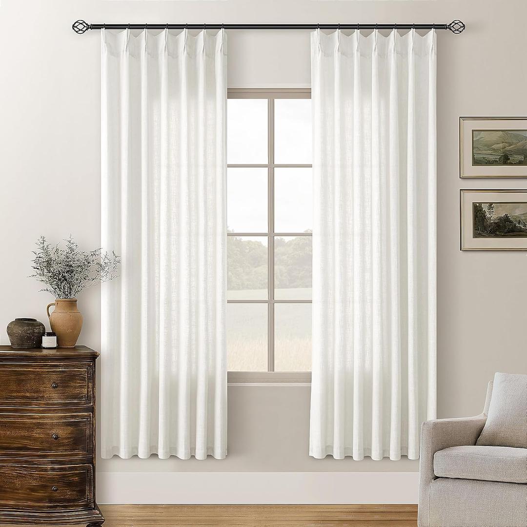 72 Inch Linen Curtains Pinch Pleated 2 Panels for Dining Room Bedroom Semi Sheer Pleat Drapes with Hooks Rings Light Filtering Short Window Curtain Cabit Closet Beige Ivory White 40x72