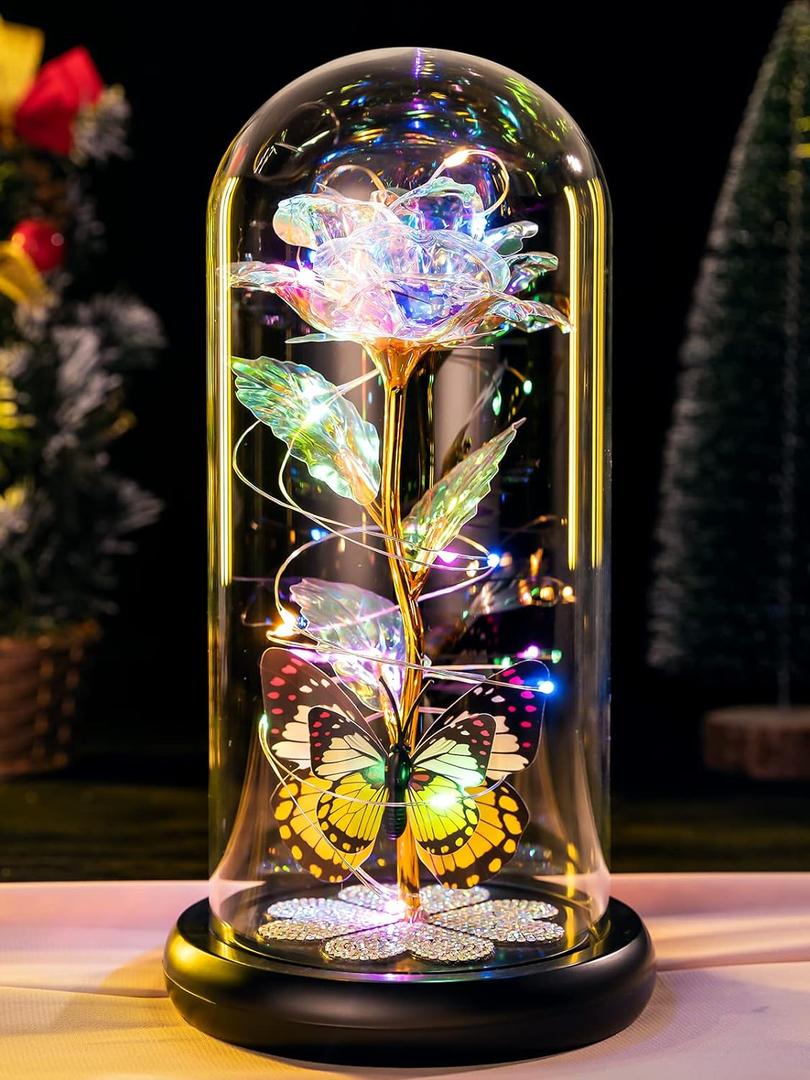 Mothers Day Rose Gifts for Mom, Galaxy Glass Rose Forever Eternal Crystal Flower Light Up Rose in Glass Dome with Butterfly Mothers Day Birthday Gifts for Women Mom Wife Grandma Daughter Colorful (B Colorful)
