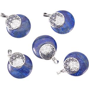 LiQunSweet 5 Pcs Natural Lapis Lazuli Crystal Stone Charms Pendants Flat Round with Flower of Life for Necklace Jewelry Making DIY Crafting Artwork