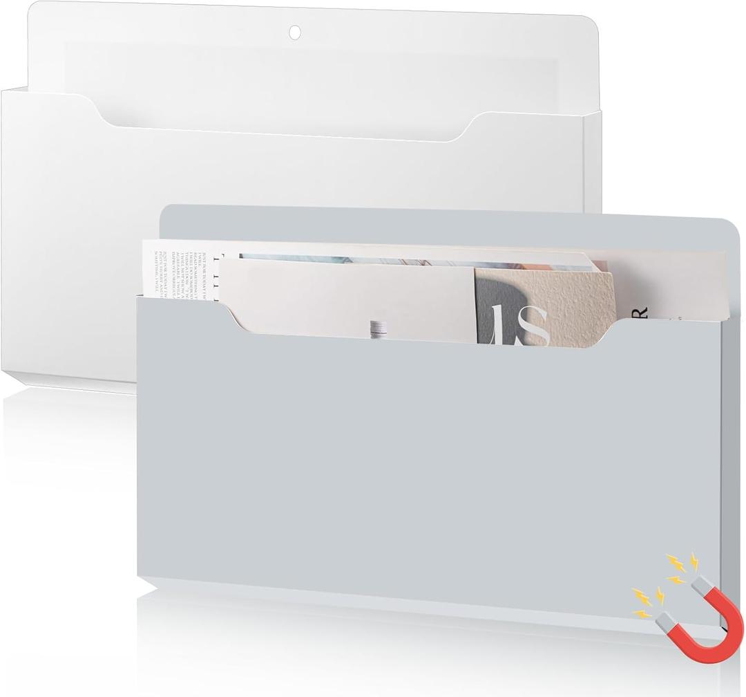 Feifeiya 2 Pcs Magnetic File Folder Wall Hanging Holder Large Pocket Paper Magazine Mail Organizer for Refrigerator Classroom Locker Whiteboard(Horizontal,White Grey,13.8 x 8.3 Inches)
