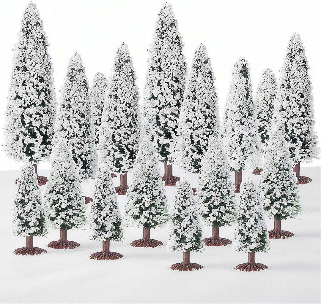 Skylety 20 Pcs Christmas Model Trees 4.72-2.17 Inch Pine Mixed Miniature Trees Small Artificial Cedar Plant for Train Scenery Architecture DIY Crafts Winter Building Model Scenery Landscape(White)