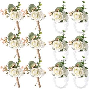 12 Pcs Wedding Wrist Corsage and Boutonniere Set Rose Wrist Corsage for Prom Boutonniere for Men Wedding Flowers Accessories Prom Suit Decorations for Wedding Ceremony Anniversary (Creamy White)