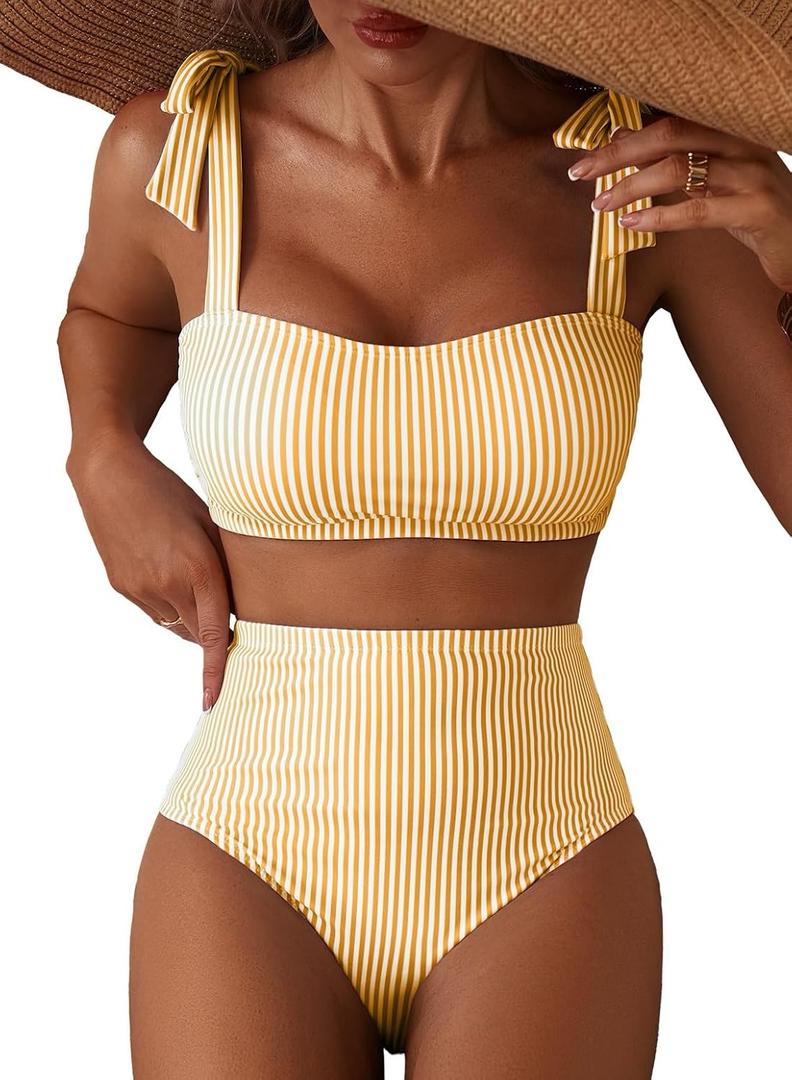 Herseas Women's Tie Shoulder Bikini Sets 2 Piece Striped Swimsuits High Waisted Bathing Suits (Large)