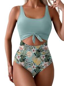 Eomenie Women's One Piece Swimsuit Tummy Control Slimming Bathing Suit Cutout Tie Knot Swimwear, Medium