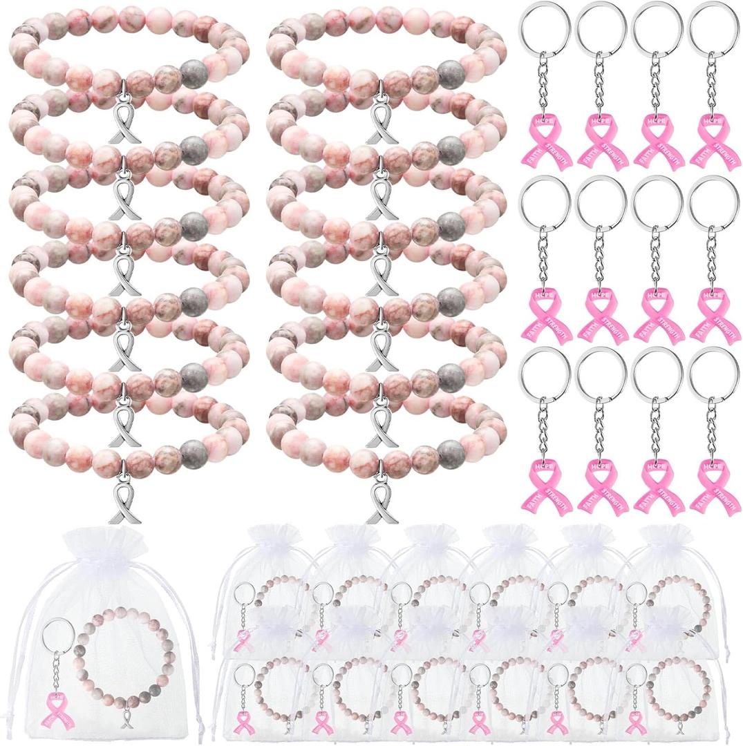 Nosiny 36 Pcs Breast Cancer Awareness Gifts Accessories Women Breast Cancer Awareness Bracelets Pink Ribbon Keychains Rhodochrosite Bead Bracelets for Charity Fundraiser Campaign Inspirational Gifts