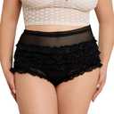 OYOANGLE Women's Plus Size Lace Ruffle Layered Panties Frill Trim Mid Rise Sheer Briefs Cute Underwear Black 3X-Large Plus