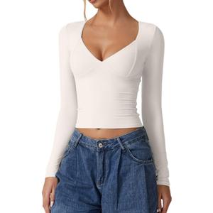 QINSEN Women's Long Sleeve V Neck T Shirts Double Lined Crop Top Seamed Cup Going Out Tops (Large)