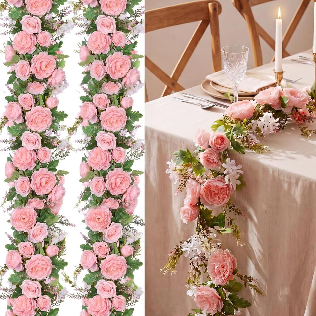 Riceshoot 4 Pcs 6ft Flower Garland with Peony & Rose - Artificial Silk Floral Vine Hanging Fake Roses Vine for Wedding Party Home Decor, Spring Flowers for Arch Table Mantel Decoration(Pink)