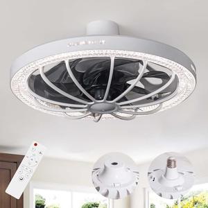 Flarouch Socket Fan Light with Remote, 13 inch Socket Ceiling Fan with Dimmable Led Light, 3 Colors 3000K-6500K, 3 Speeds, Flush Mount Ceiling Fans with Lights for Bedroom, Kitchen, Living Room-White, 1 Pack