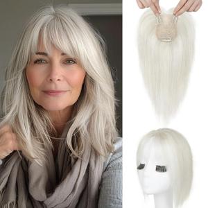 SEIKEA Hair Toppers for Women Real Human Hair, 10" Clip in Bangs Hand-tied Base 1.4 * 2.2inch Natural Realistic with Thinning Hair with Wispy Bangs Silver White