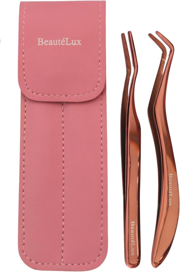Eyelash Applicator Tweezers 2 PCS Tool for False Eyelash Application & Lash Extensions, Mistake-Proof Lash Placement Tweezers for Professional and DIY Use, with Pink Leather case