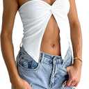 Women Sexy Strapless Y2k Tube Top with Twist Knot Front Cute Summer Going Out Tops, White, Size M
