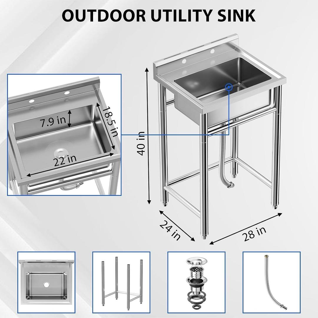 Garvee Stainless Steel Kitchen Sink, 21 x 21 x 33 inches, Built in Sink with Freestanding Single Basin, Cold and Hot Water Connection, Suitable for Restaurant Kitchen, Bathroom, Laundry Room 