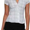 Women's Plaid Shirt Button-up Short Sleeve Collared Slim Fit Casual Summer Blouse Tops (Blue, M)