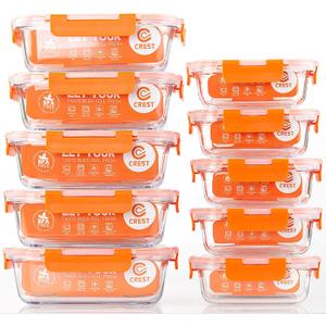 C CREST [10-Pack] Glass Food Storage Containers - Food Prep Containers with Lids - Microwave, Oven, Freezer and Dishwasher Safe (Orange)