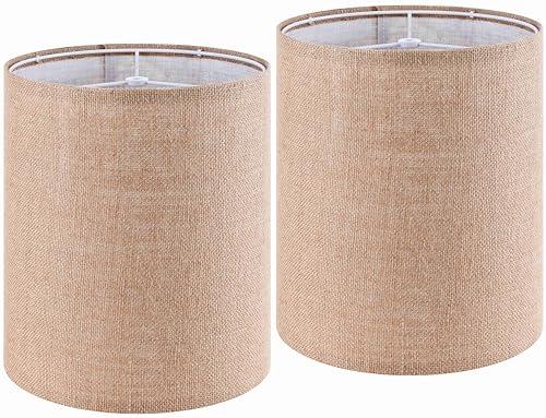 Set of 2 Tall Drum Fabric Shades for Table and Floor Lamps, 9.8" Top x 9.8" Bottom x 11.8" High Brown Spider Lamp Shade,Natural Burlap Linen Handmade