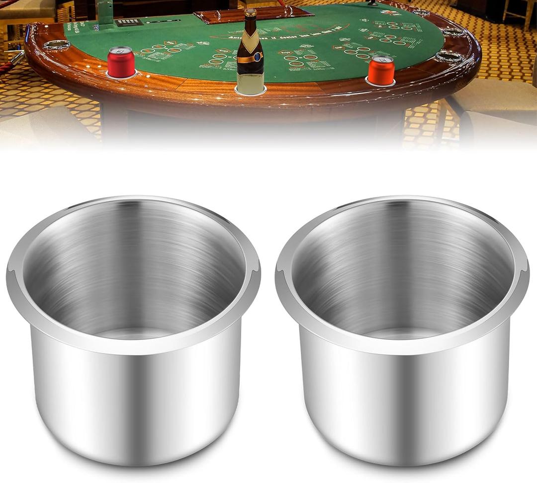 2 Pcs Tessco Table Cup Holder Inserts Stainless Steel Drop in Drink Cup Holder Insert Metal Poker Game Table Accessories for Casino Desk Car Trucks Boat Sofa Cupholder Storage