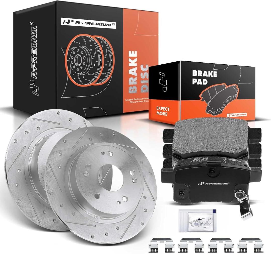 A-Premium 11.09 inch (282 mm) Rear Drilled and Slotted Disc Brake Rotors + Ceramic Pads Kit Compatible with Acura and Honda Models - Accord 2008-2017, TSX 2009-2014, 6-PC Set