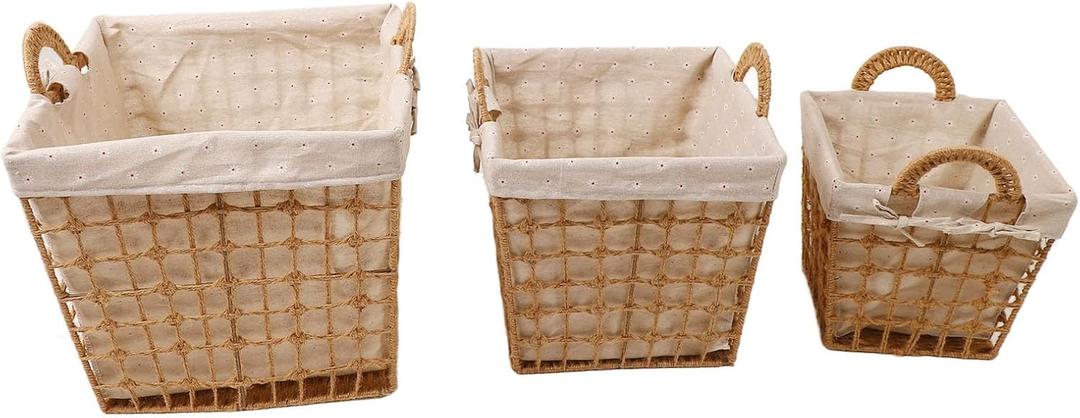 Woven Storage Basket, Rectangular Straw Baskets Set of 3 Different Sizes, Charming Straw Colors, Bilateral Handle Design, Ample Compact Storage Space, Minimalist Aesthetic