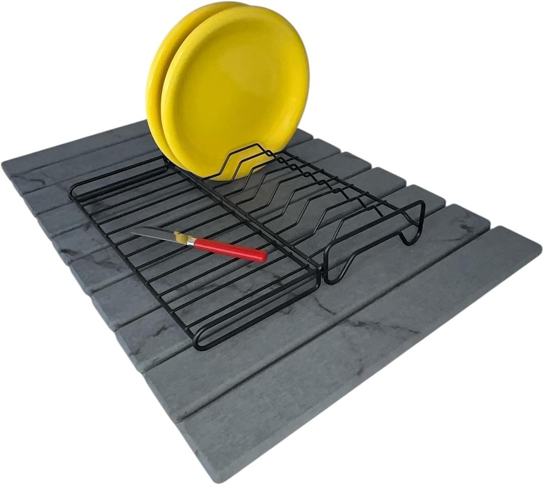 Stone Drying Mat + Foldable Black Metal Dish Rack Complete 2-Tier Kitchen Drying System Ultra Absorbent Dark Gray Mat for Plates, Glasses & Cutlery Modern & Hygienic Counter Organizer - 24"x16"