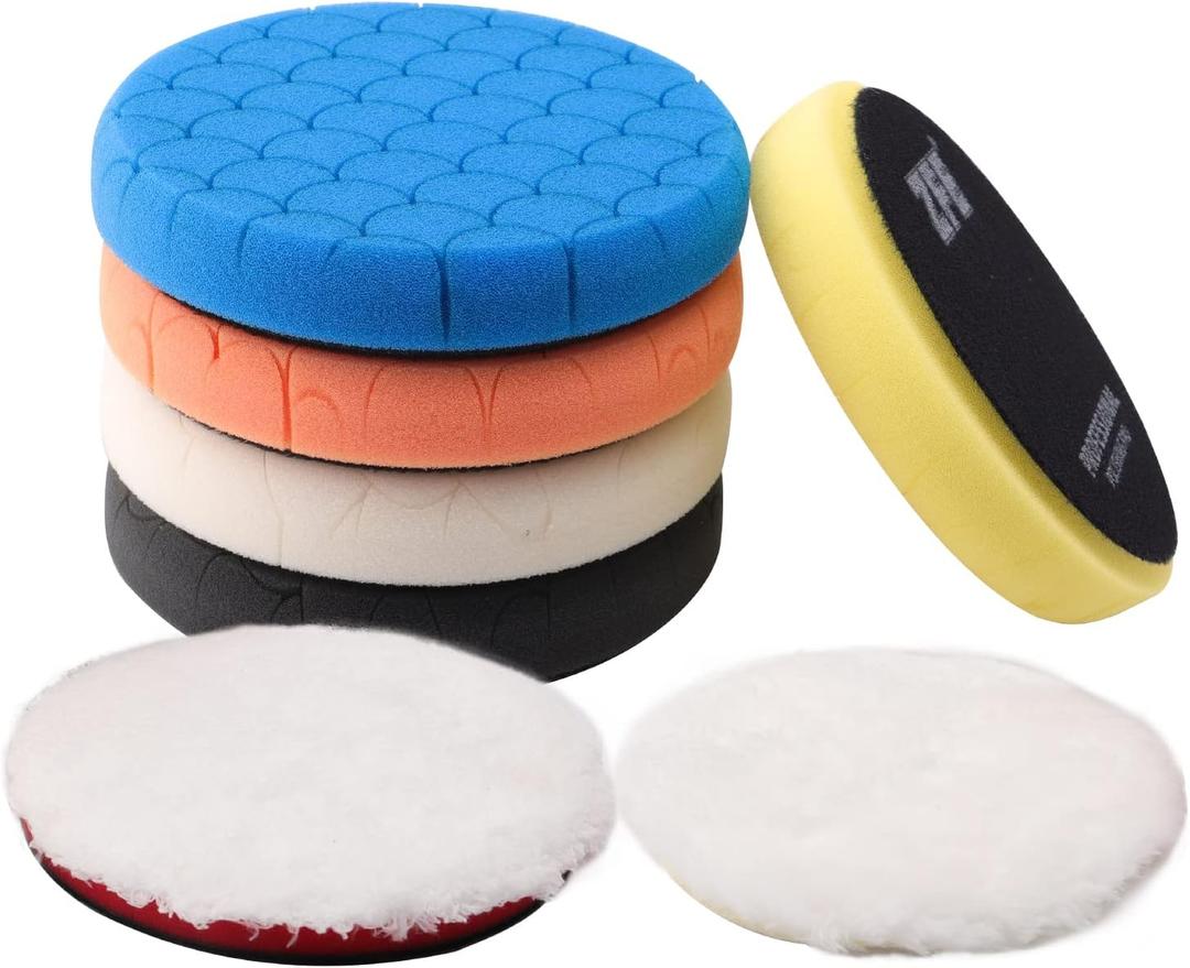 Buffing Polishing Pads, 7Pc 5.5 Inch Face for 5Inch 125mm Backing Plate Compound Buffing Sponge Pads Cutting Polishing Pad Kit for Car Buffer Polisher Compounding, Polishing and Waxing -PPTYS5SET